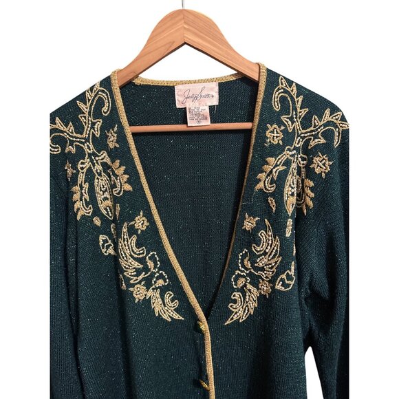Vintage Jaclyn Smith Green Metallic Embroidered Cardigan Sweater W/ Gold Trim & - Picture 3 of 5